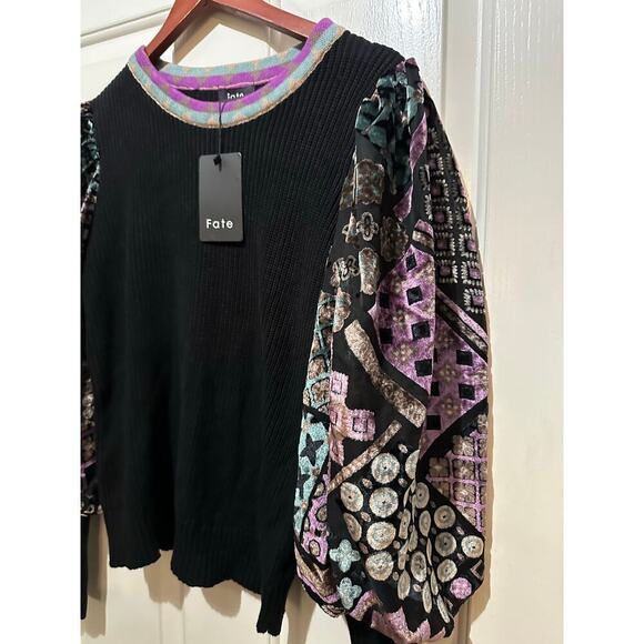 NWT Fate Black Burnout Velvet Mutton Sleeves Novelty Sweater Size Large - Picture 5 of 8